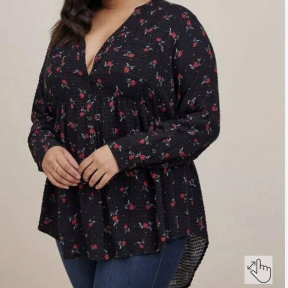 TORRID EMMA BABYDOLL CRINKLE GAUZE LONG SLEEVE BLACK ROSES SZ 0 TUNIC TOP - Picture 1 of 6